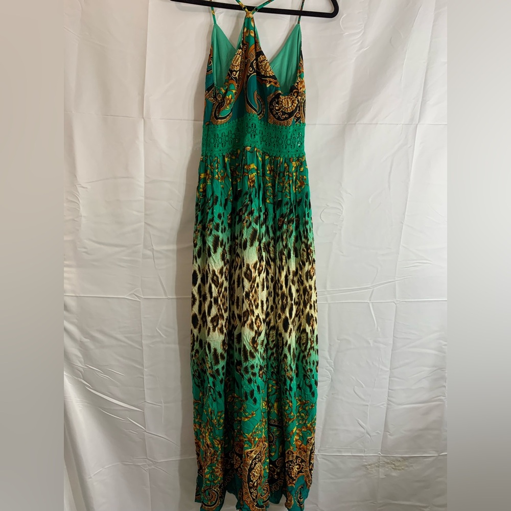 NWT Fashion Nova Holy Slit Spaghetti Strap Maxi Green Mixed Print Dress, size M - Picture 15 of 16